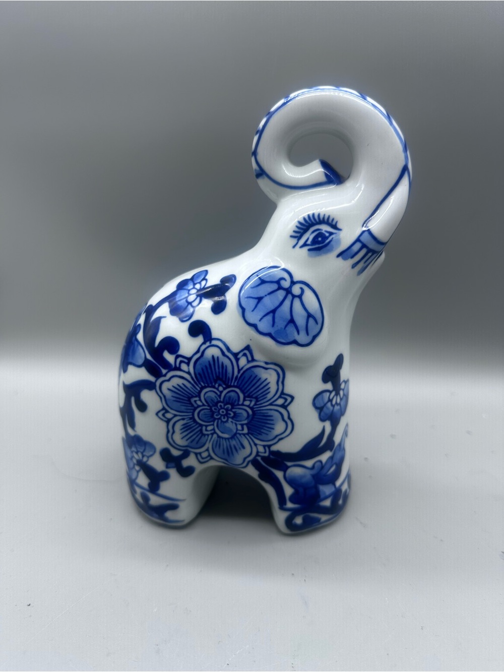 Chinoiserie Blue & White Floral Ceramic Elephant Figurine